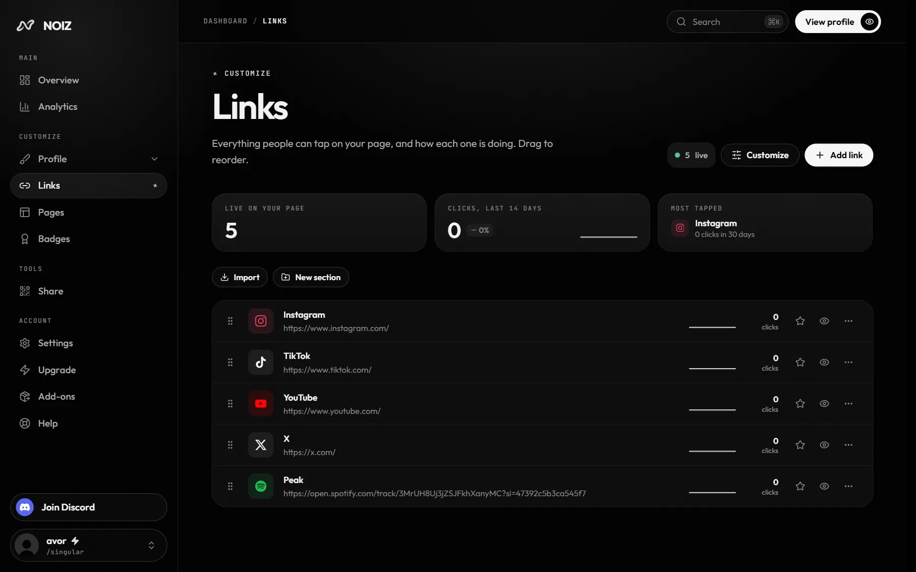 The Noiz dashboard: Links