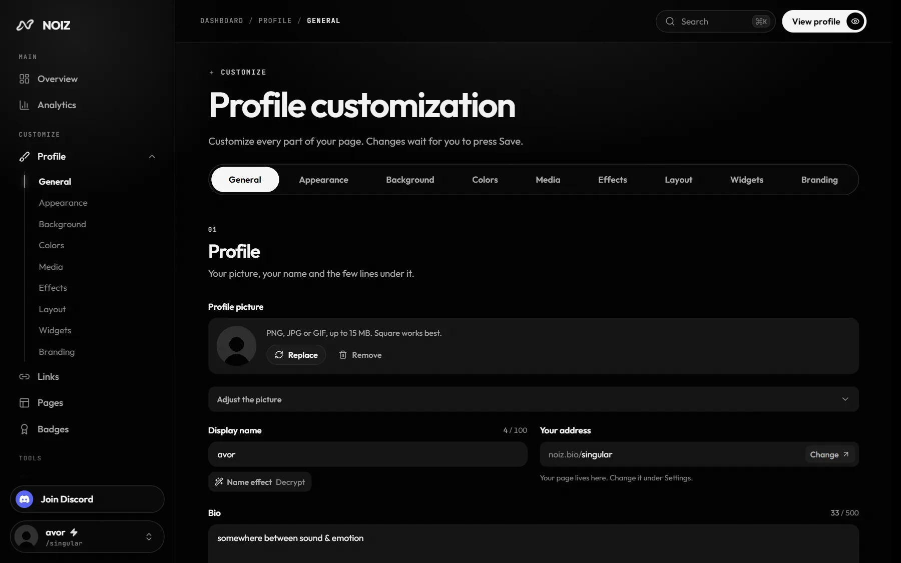 The Noiz dashboard: Customize